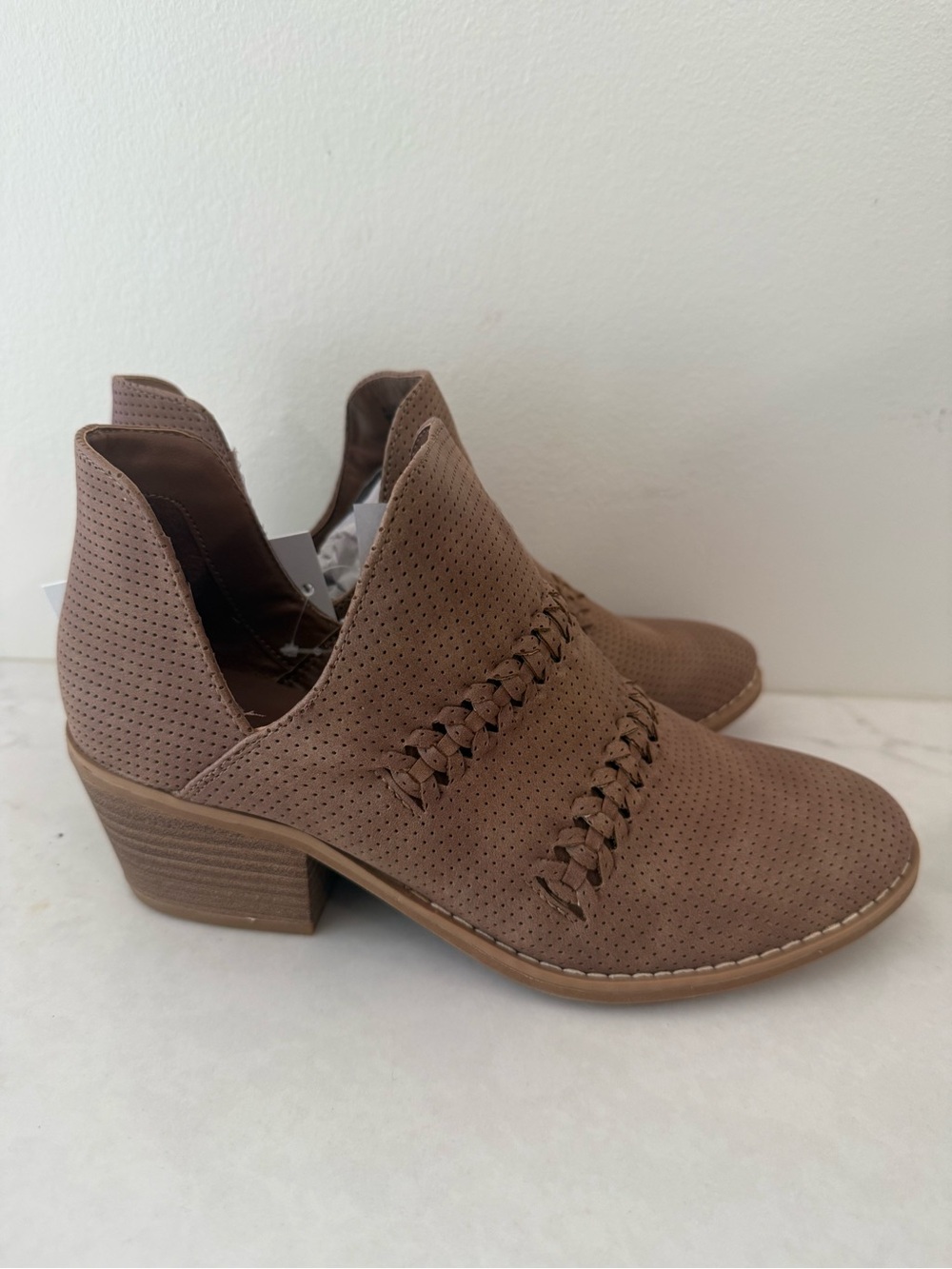 Women’s Perforated Taupe Ankle Booties with Braided Detail